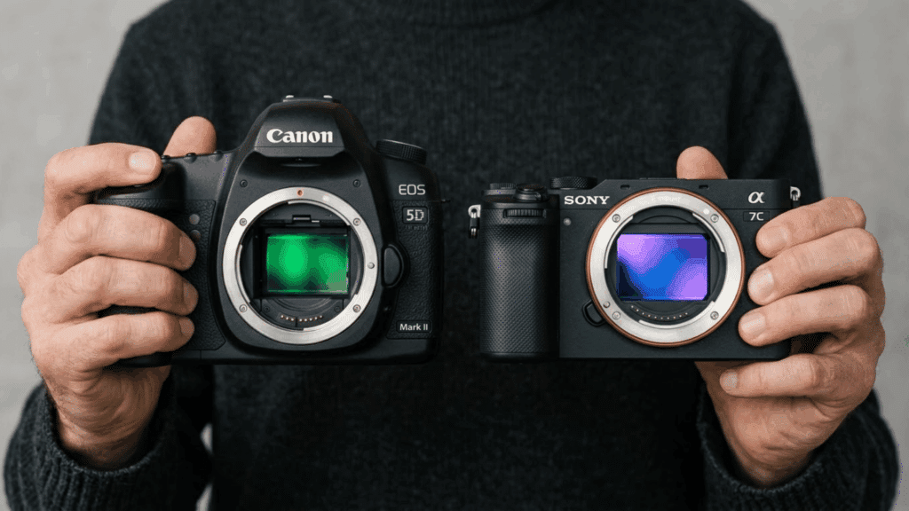 Person holding a Canon DSLR and Sony mirrorless camera side by side with both image sensors exposed mirrorless camera vs dslr.