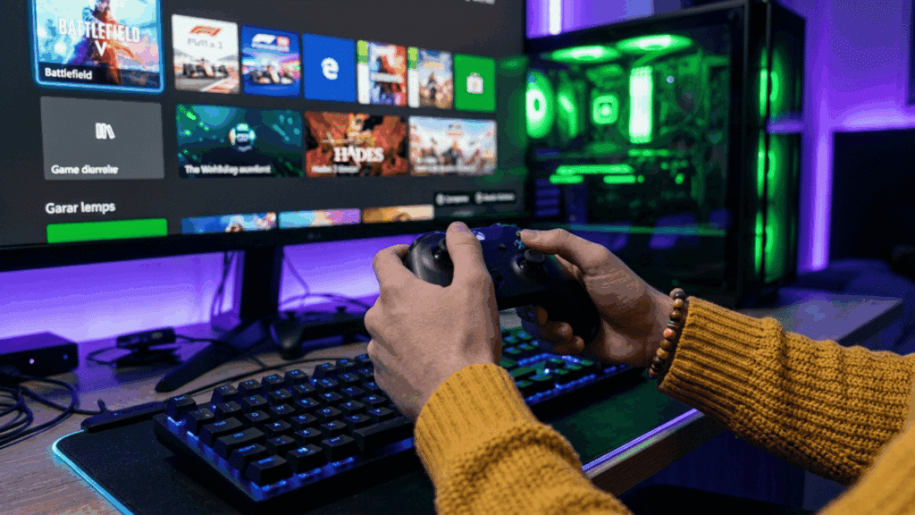 Person holding a game controller in front of a gaming monitor and desktop computer setup.