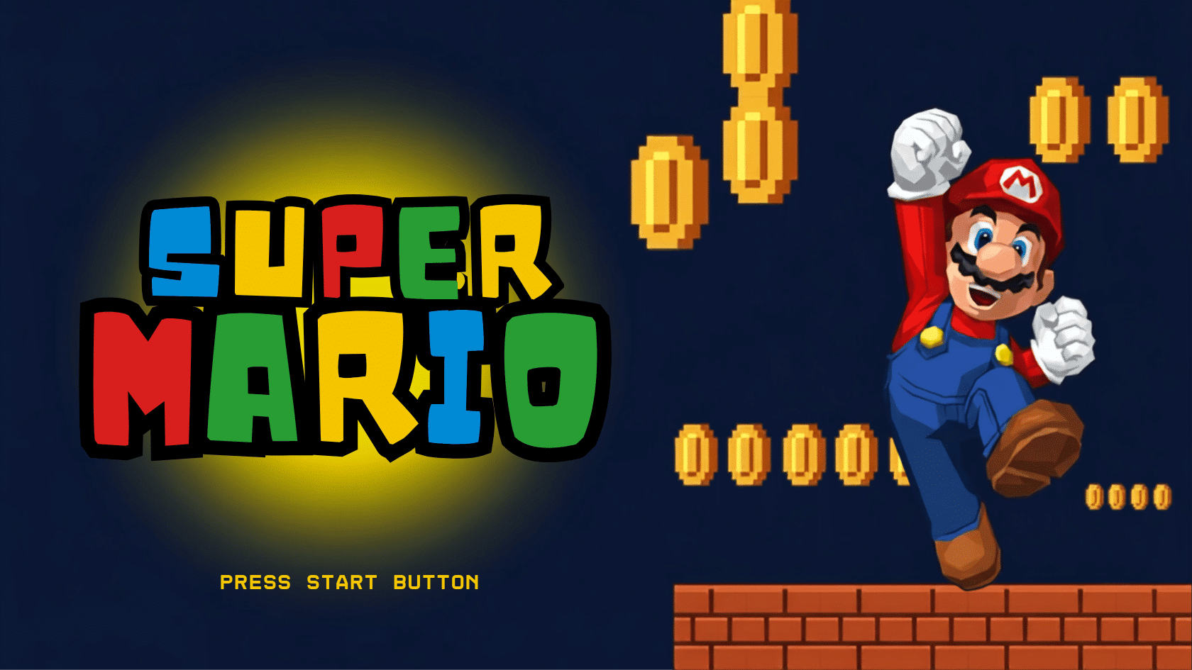 A sharp retro game title screen with a stylized colorful logo on the left and Mario jumping on the right, surrounded by floating gold coins.