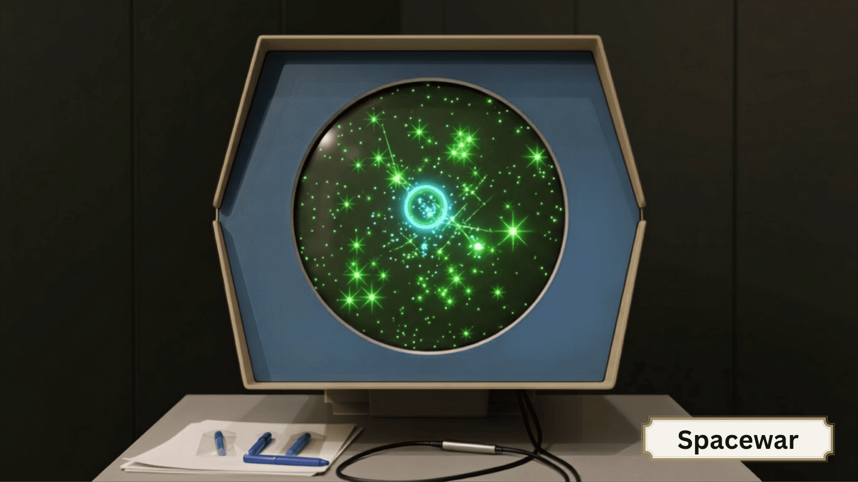 A straight front view of a vintage computer monitor on a desk, displaying a glowing green retro game on its rounded screen.