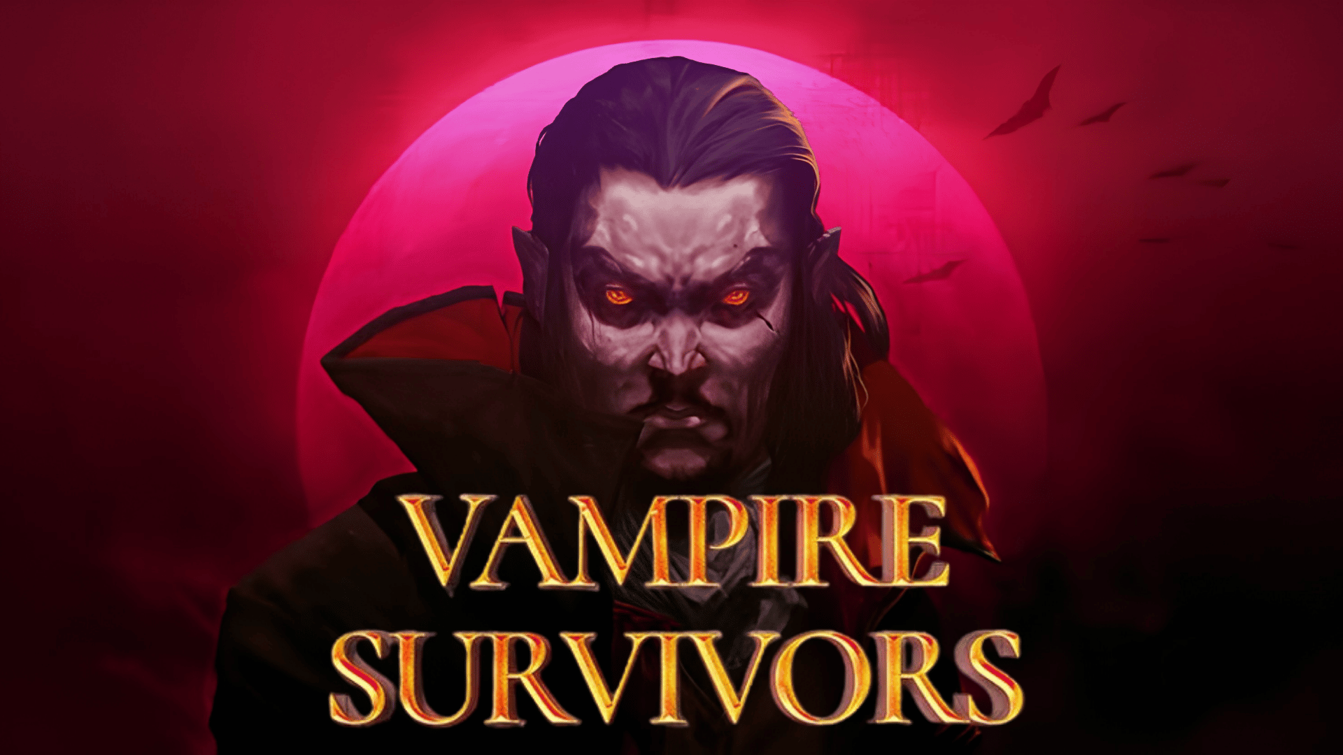 Vampire Survivors game artwork featuring a vampire character, red moon background, and game title logo.