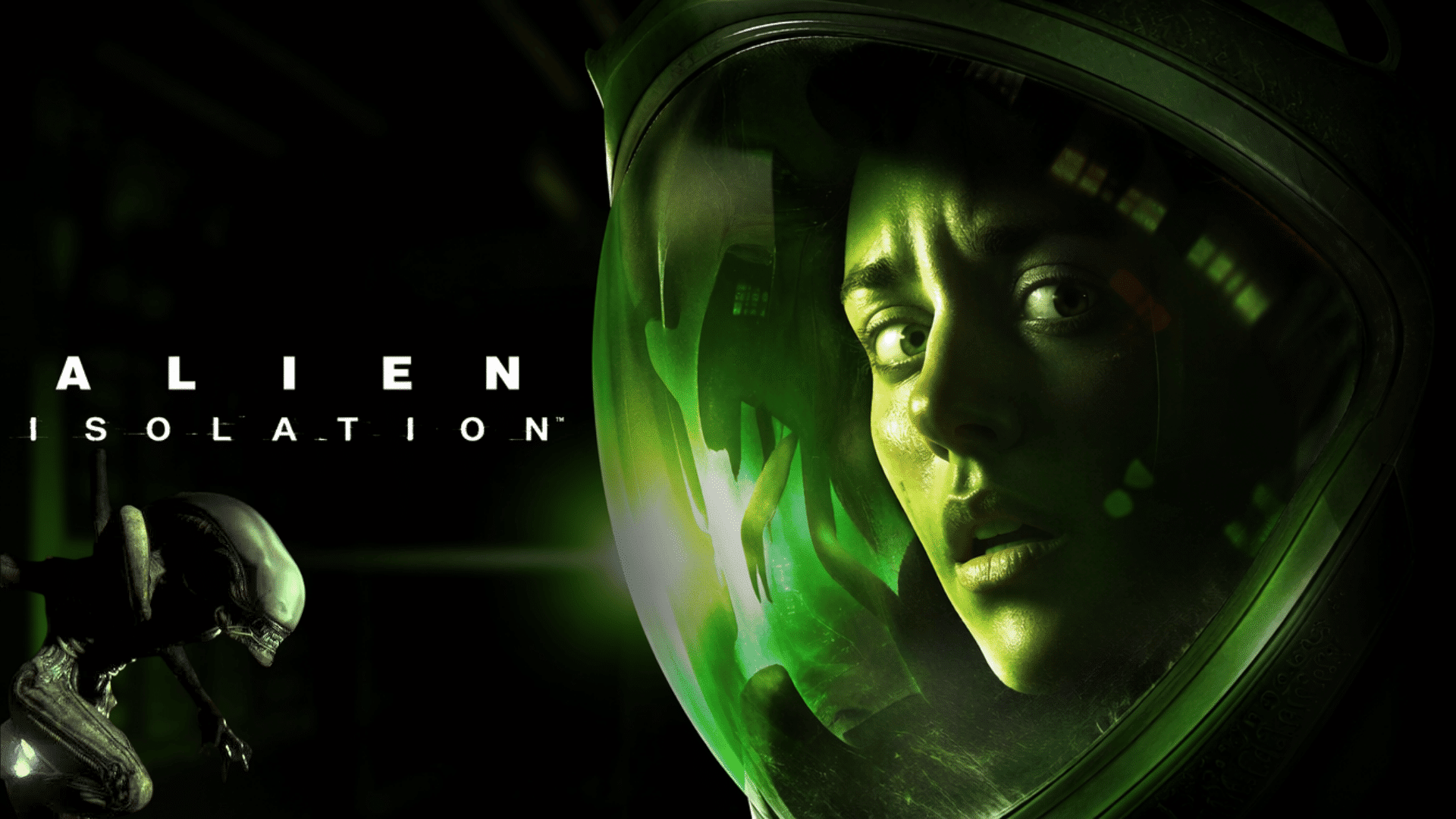 Alien Isolation game artwork showing a person in a spacesuit and a creature in a dark green sci-fi setting.