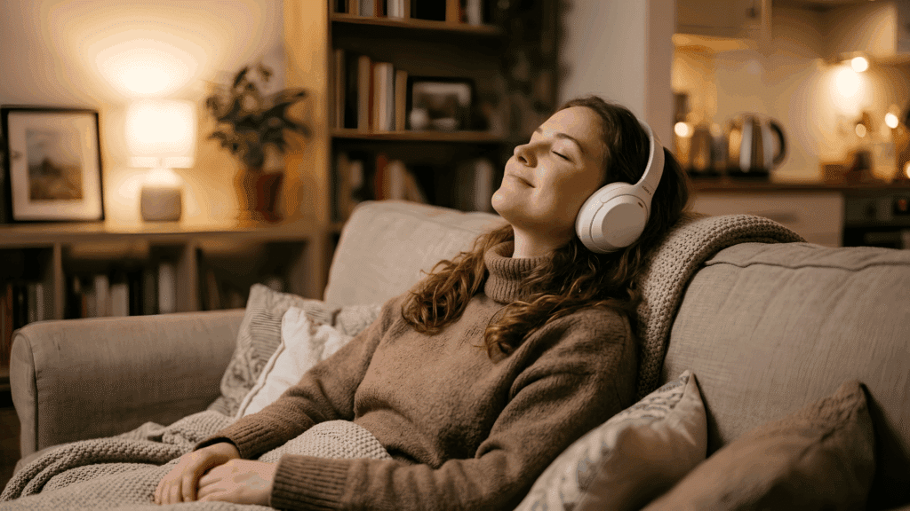 Woman relaxing on a sofa while listening to music through white over-ear headphones.