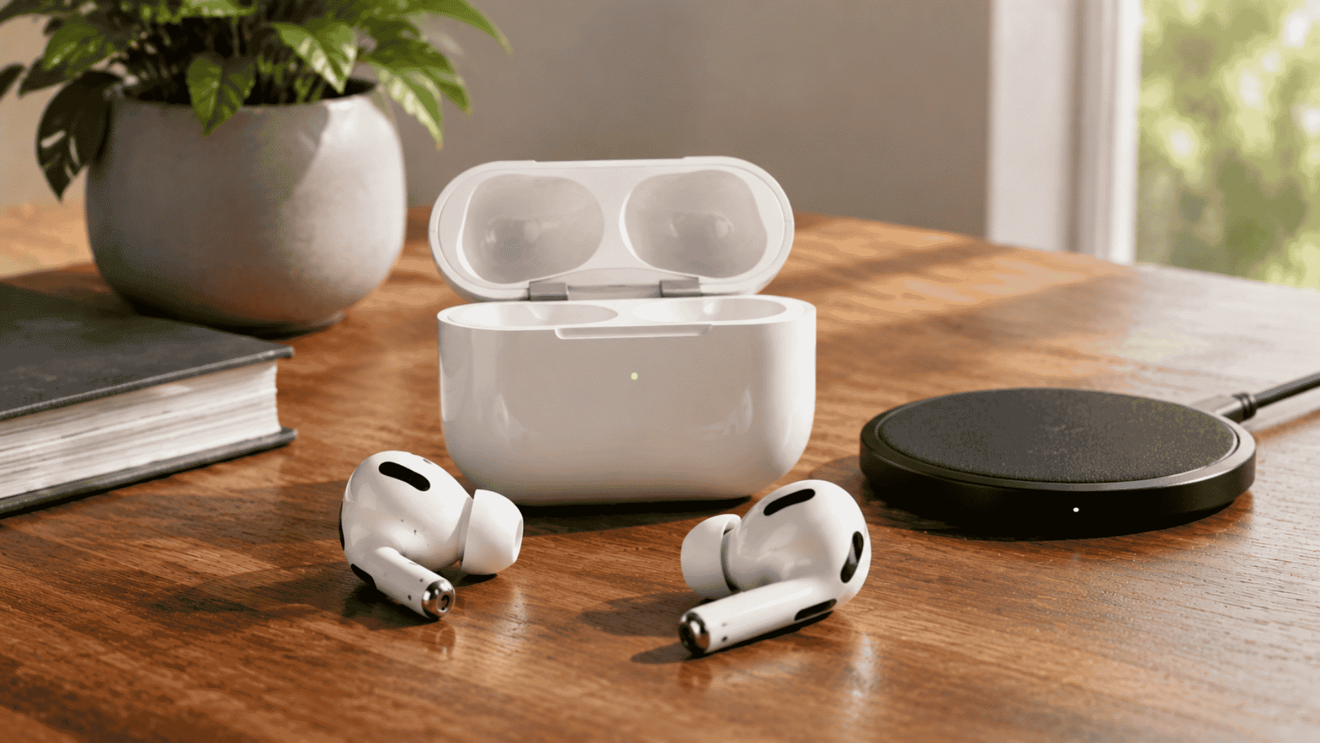 airpods pro battery life earbuds and charging case on a wooden desk with a wireless charger