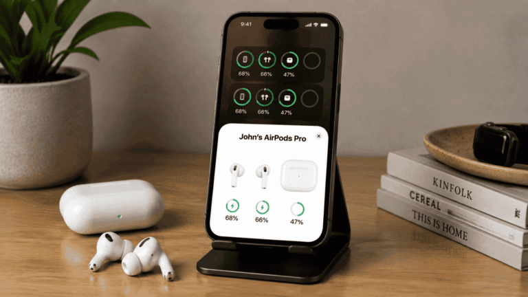 Airpods pro battery life display on iPhone with AirPods earbuds and charging case on a desk