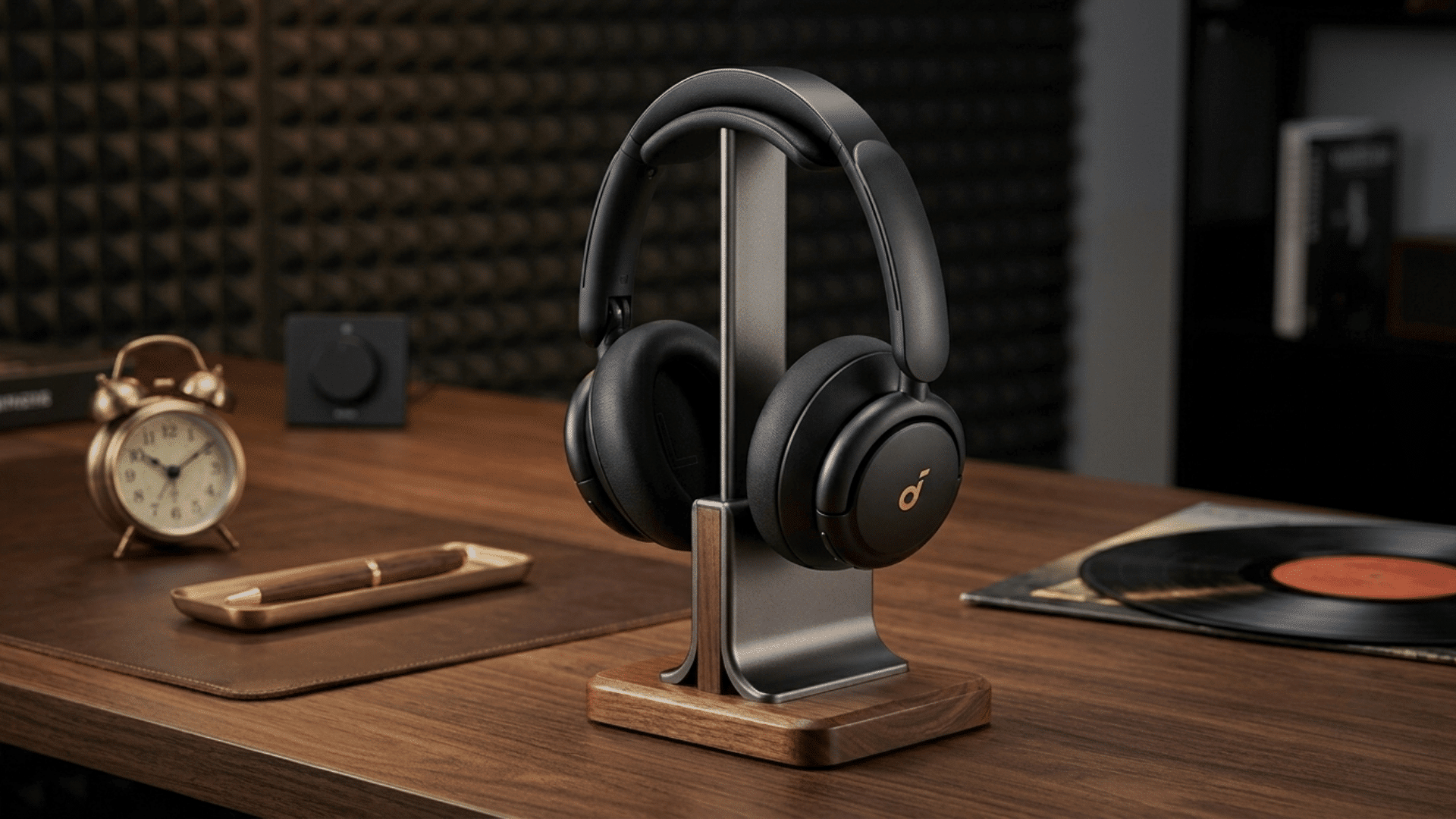 Black over-ear headphones displayed on a stand on a wooden desk with audio equipment nearby.