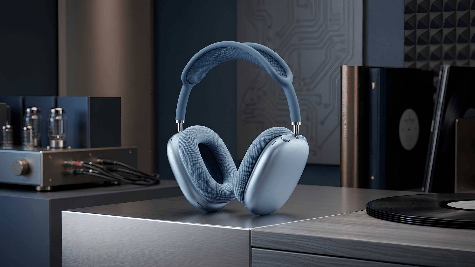 Blue Apple AirPods Max 2 headphones displayed beside a turntable and audio amplifier.
