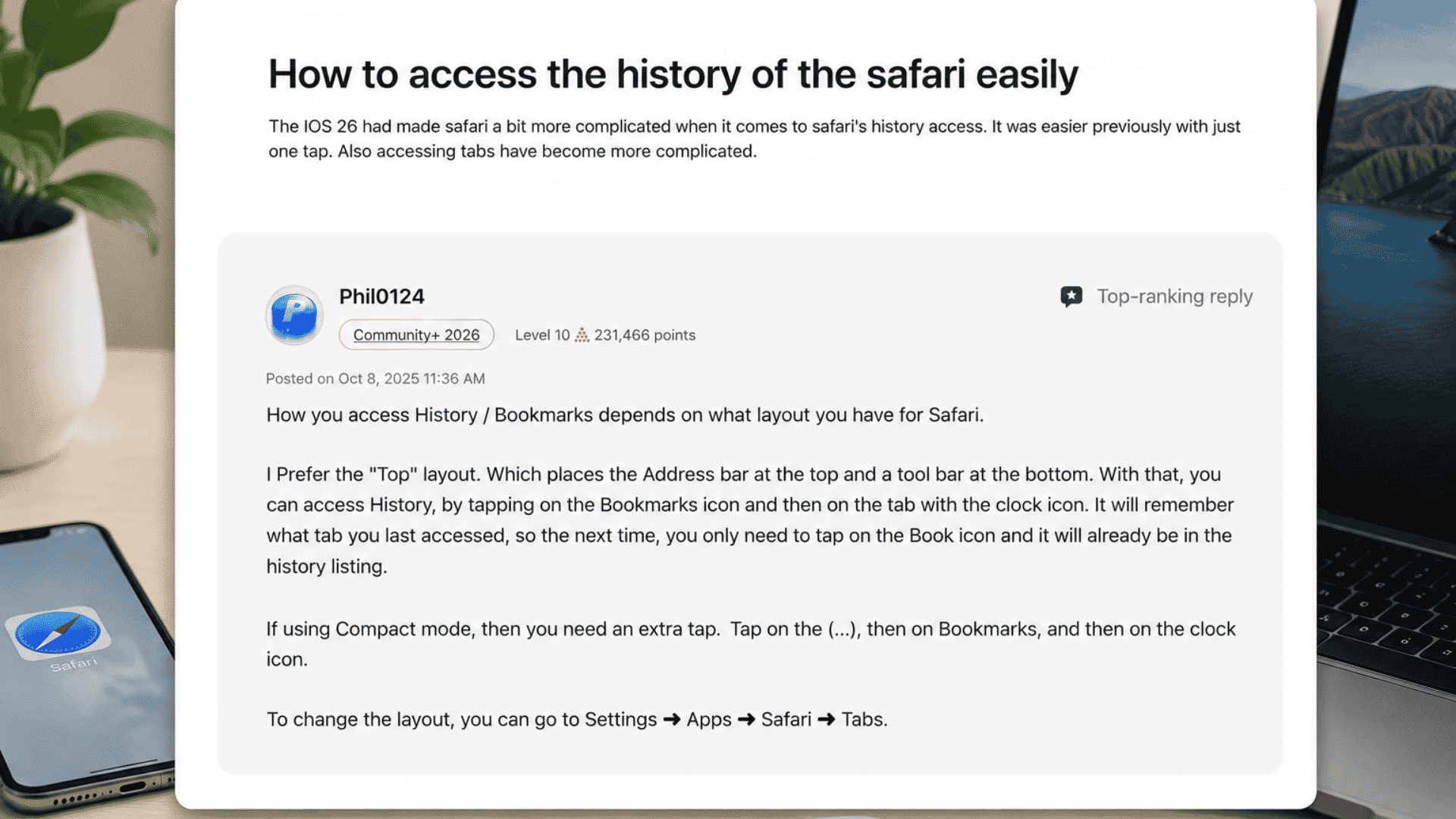 How to View History on Safari: iPhone, iPad & Mac with an Apple Community page displayed on a laptop screen