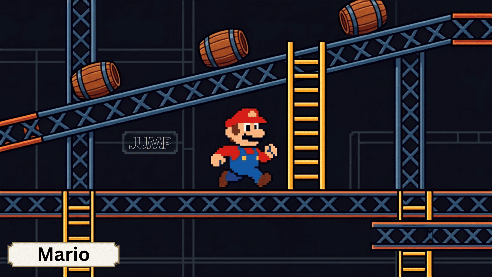 Arcade character Jumpman with a mustache and overalls on a platform scene, showing classic video game facts.