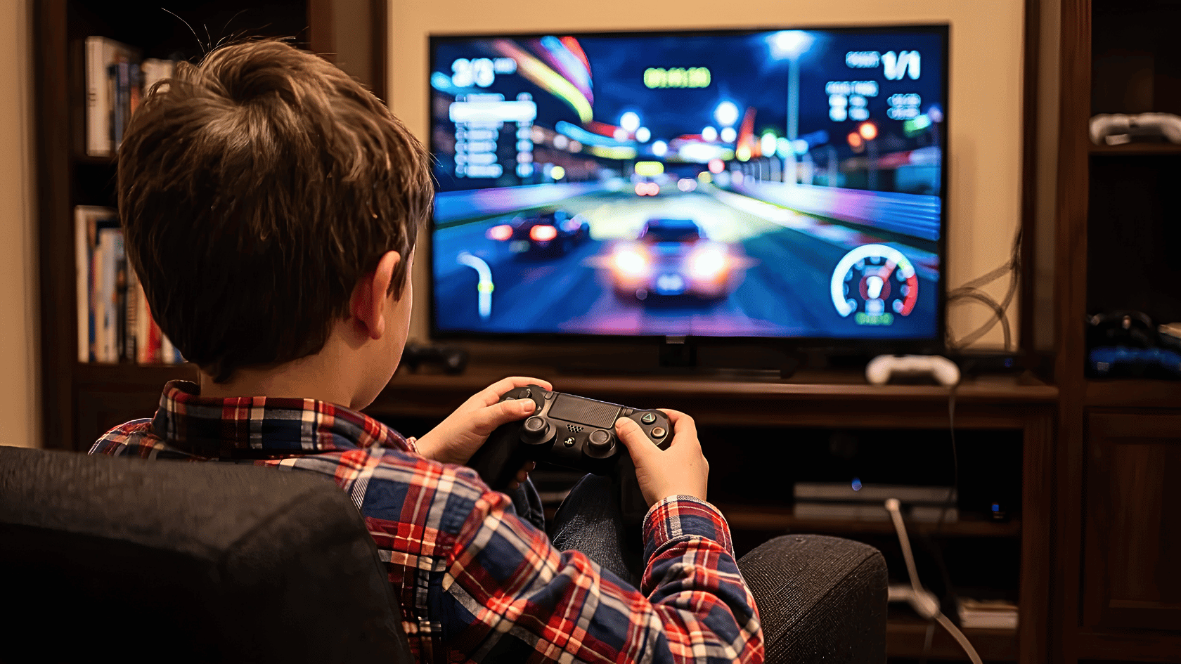 Child playing a racing video game with a controller while watching a TV screen at home.