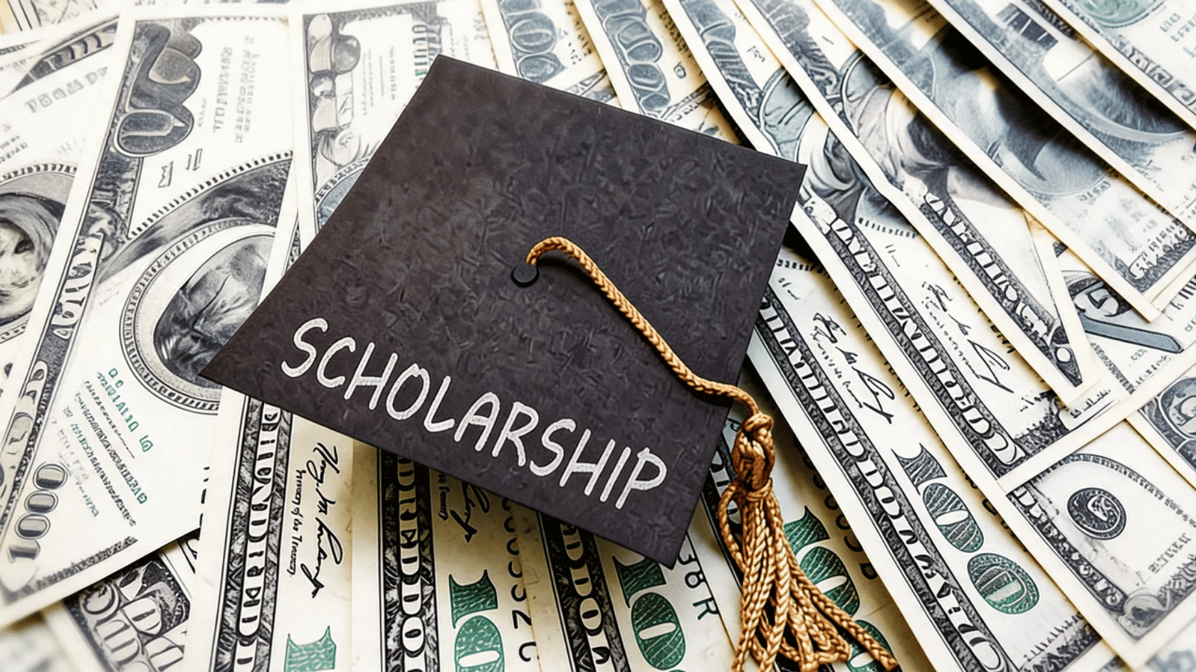 Scholarship graduation cap placed on top of US dollar bills with the word scholarship visible