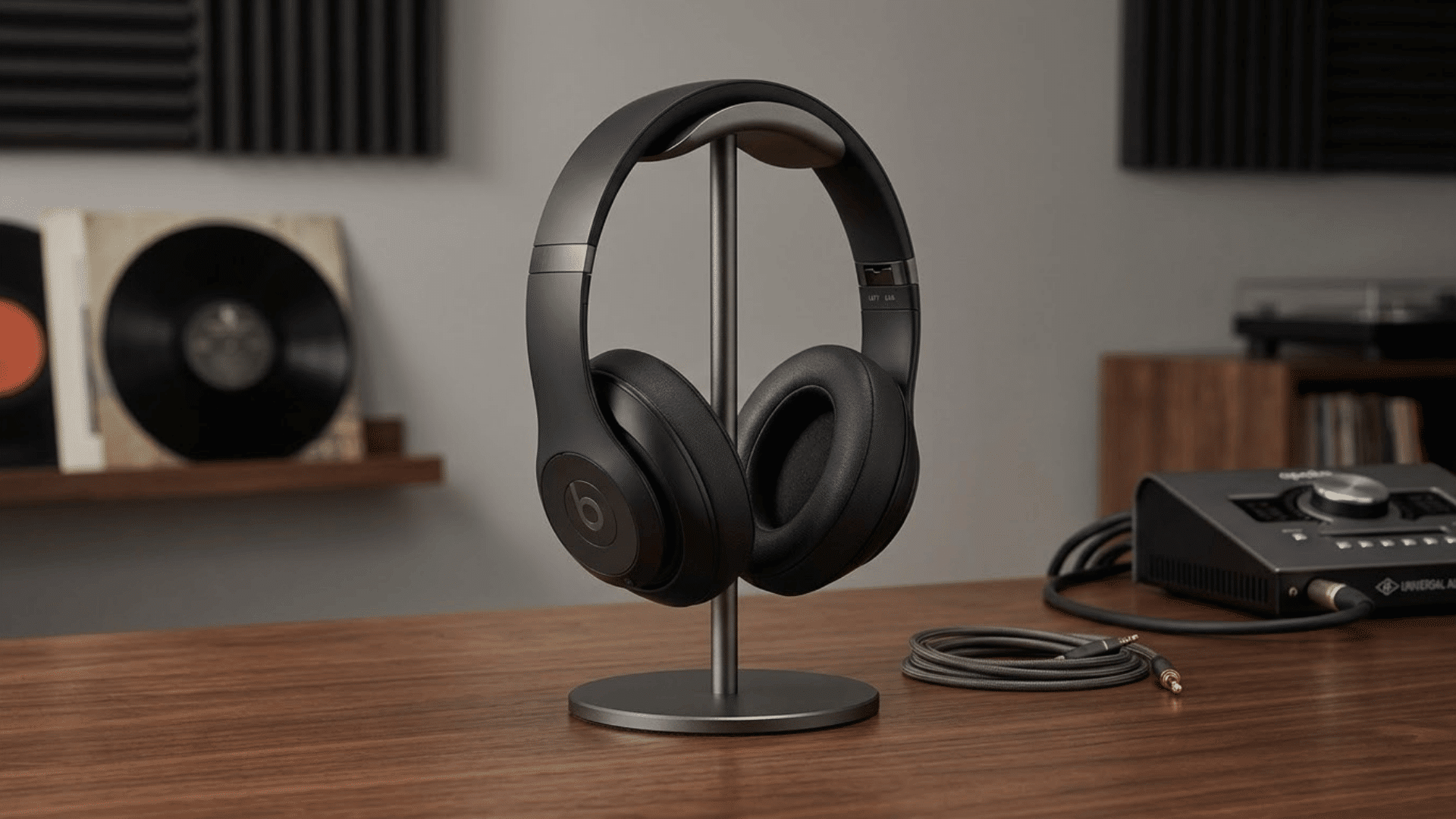 Black over-ear headphones displayed on a stand with audio equipment on a wooden desk.