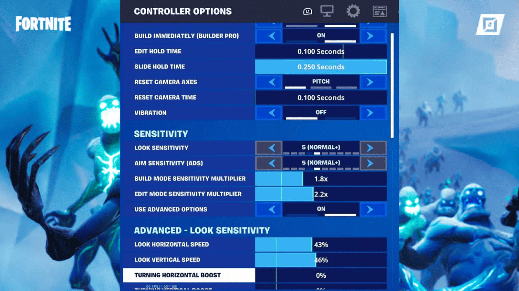 Fortnite controller settings menu showing sensitivity, edit options, and advanced look controls with gameplay background.