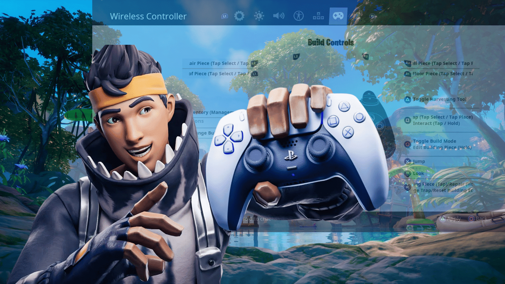 Fortnite controller settings screen showing wireless controller layout, button controls, and character gameplay background.