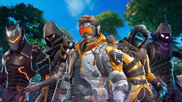 Fortnite characters in tactical outfits standing together in a vibrant outdoor forest setting.