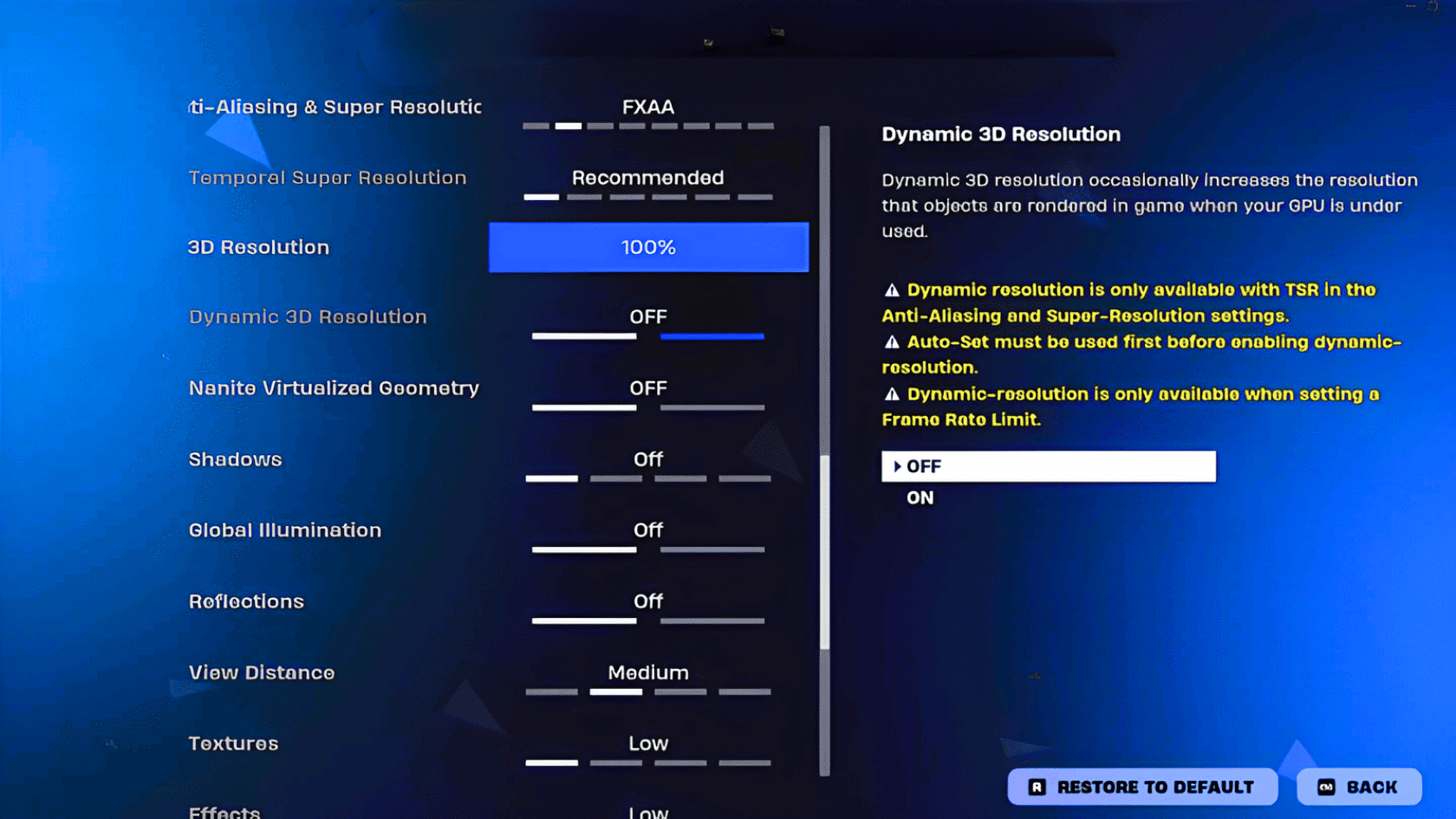 Fortnite graphics settings menu showing resolution, shadows, textures, reflections, and dynamic 3D resolution options.