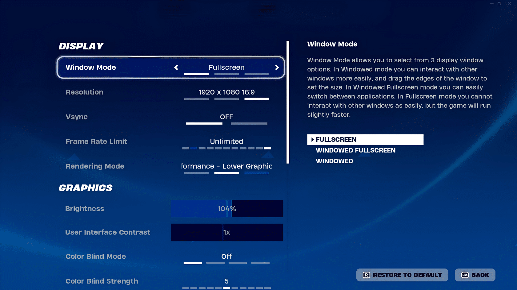 Fortnite display settings screen showing fullscreen mode, resolution, graphics options, and performance settings menu.
