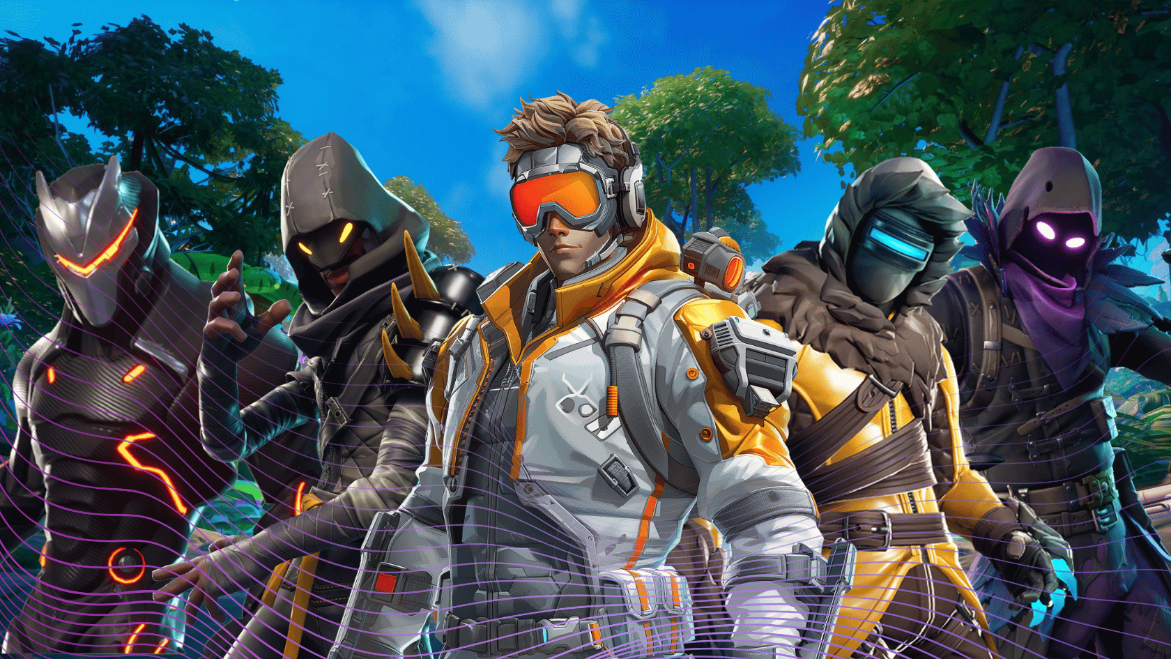 Fortnite characters in tactical outfits standing together in a vibrant outdoor forest setting.
