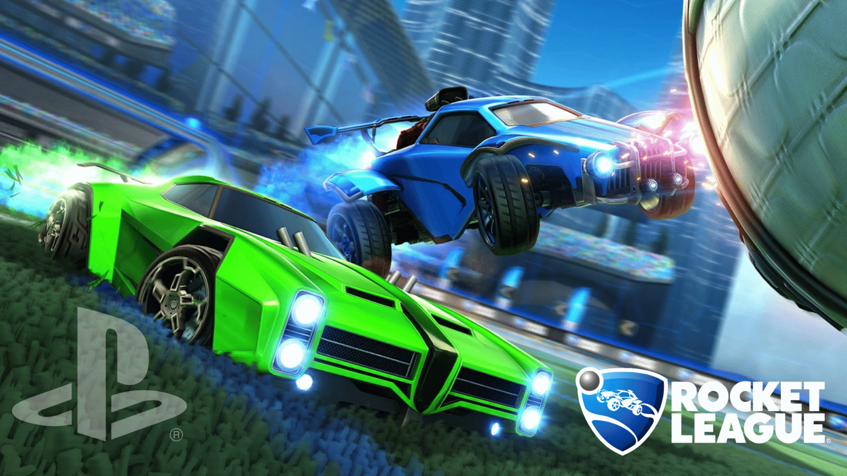 Rocket League gameplay image showing colorful cars racing toward the ball in a futuristic arena.