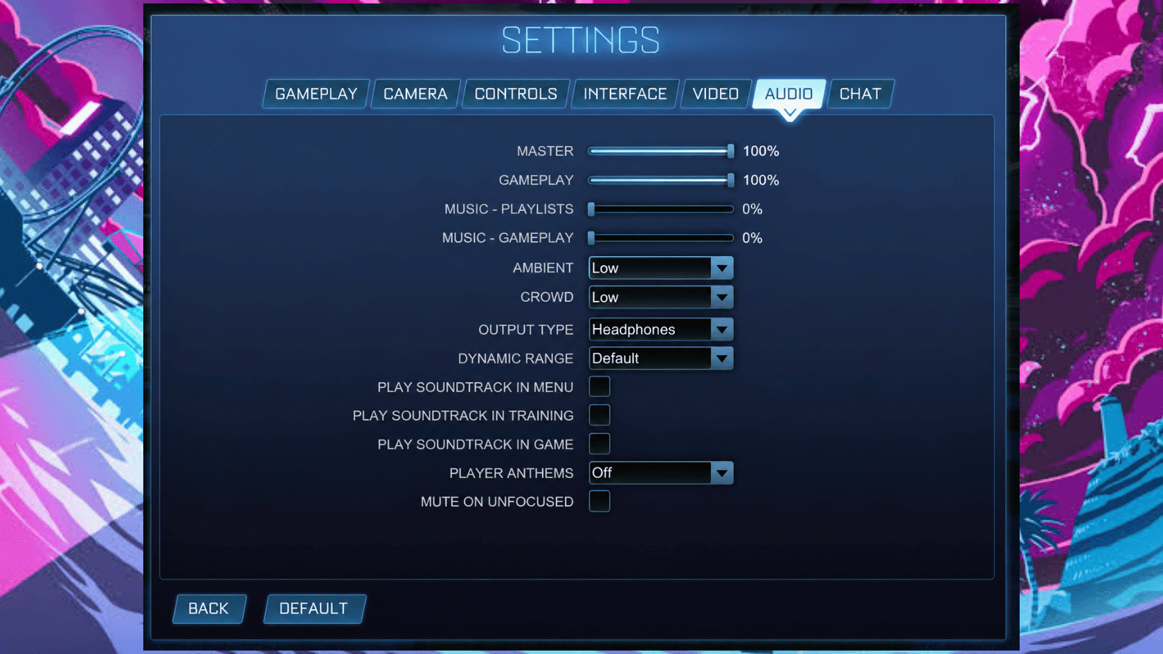 Rocket League audio settings menu showing master volume, gameplay sound, music, ambient, and crowd audio options.