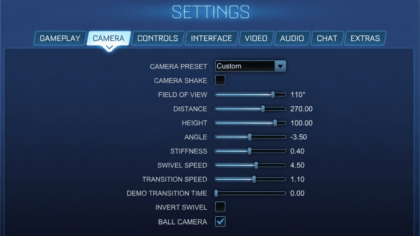 Rocket League camera settings menu showing adjusted FOV, distance, height, swivel speed, and ball camera options.