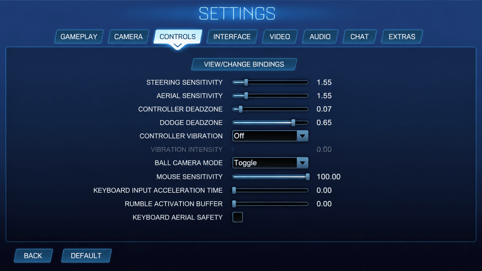 Rocket League controls settings menu showing adjusted sensitivity, deadzone values, and controller vibration off options.