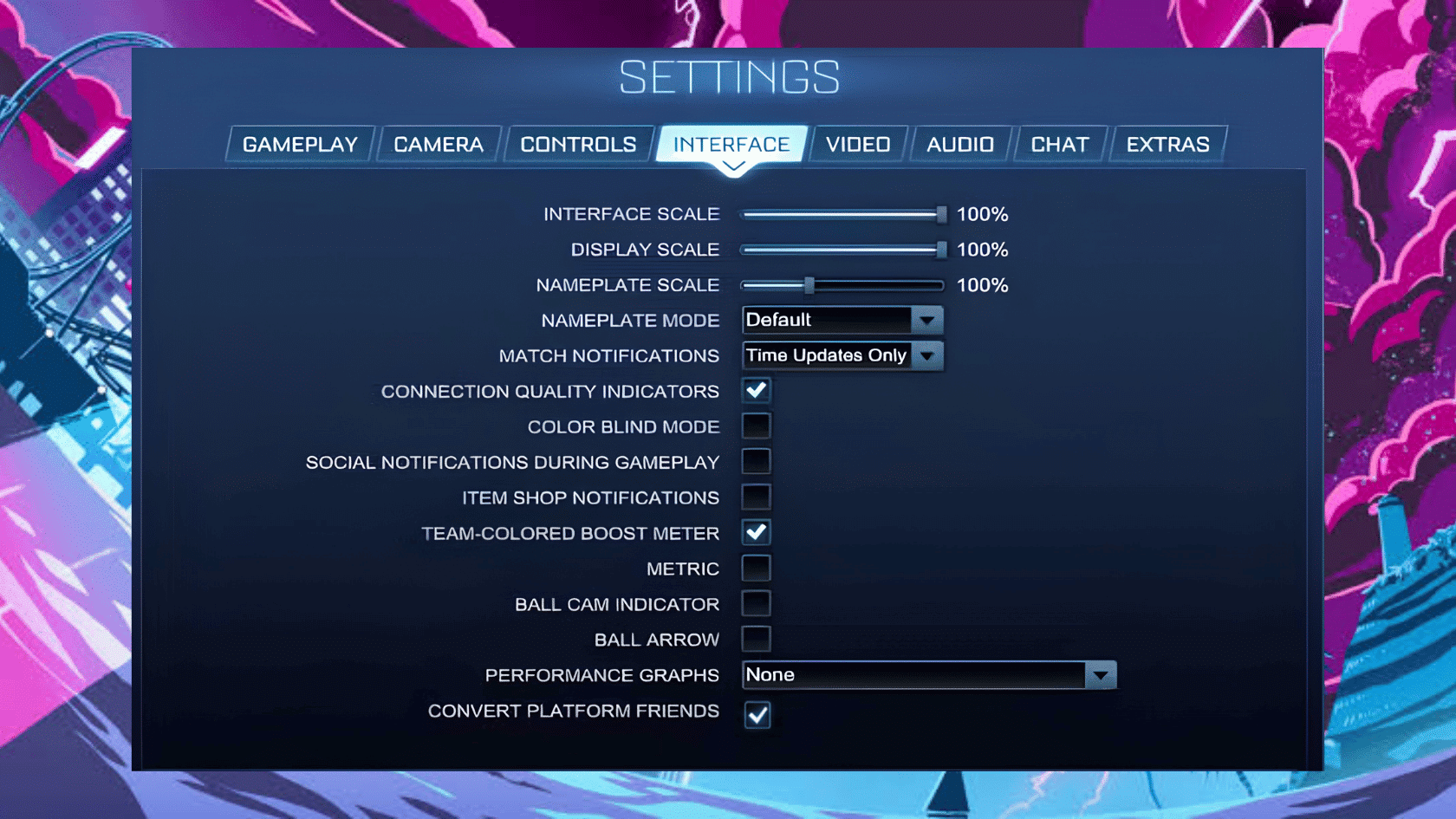 Rocket League interface settings menu showing nameplate scale, boost meter, notifications, and display options.