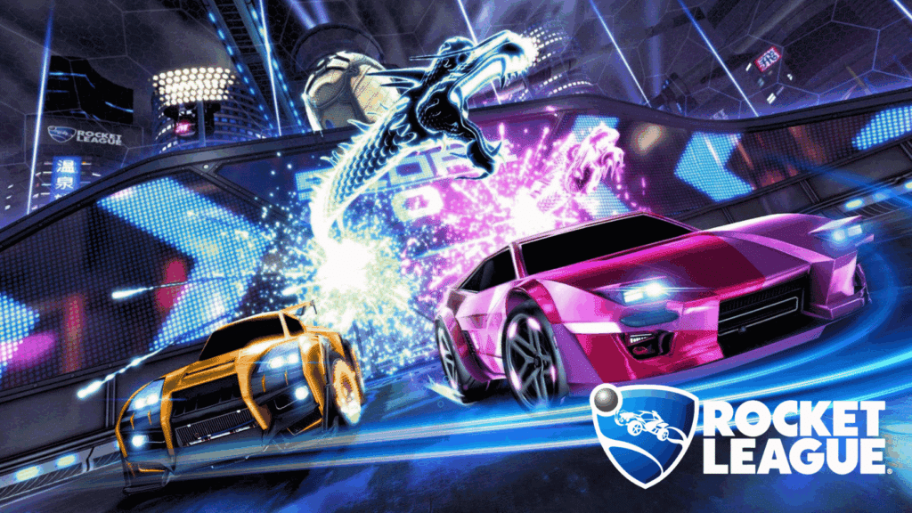 Rocket League key art showing orange and pink cars racing under a neon dragon-shaped ball trail in a futuristic arena.