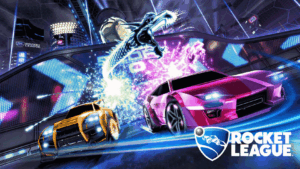 Rocket League key art showing orange and pink cars racing under a neon dragon-shaped ball trail in a futuristic arena.
