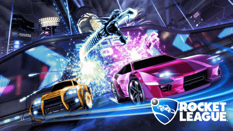 Rocket League key art showing orange and pink cars racing under a neon dragon-shaped ball trail in a futuristic arena.