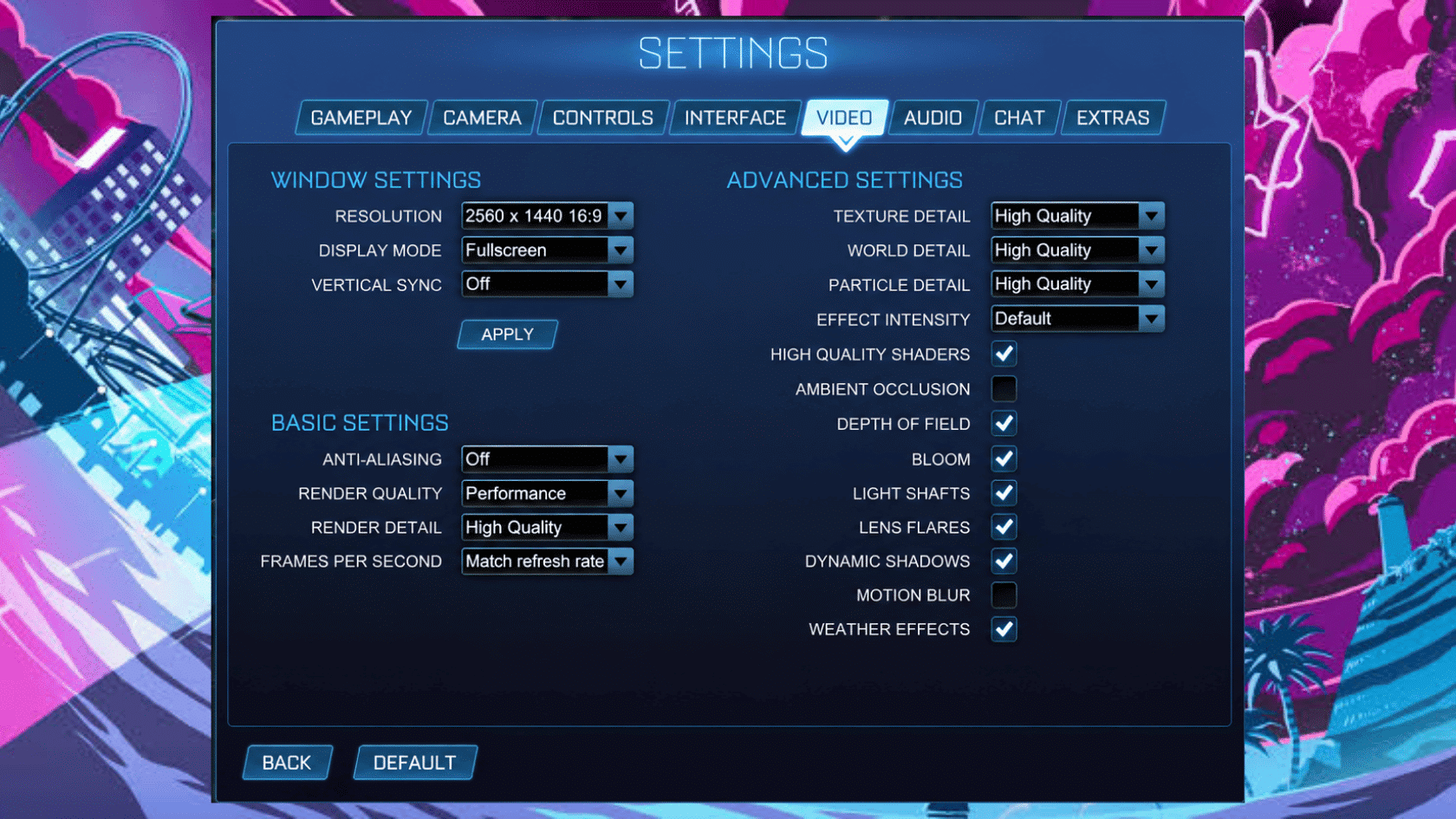Rocket League video settings menu showing performance graphics options, FPS cap, rendering quality, and visual effects settings.