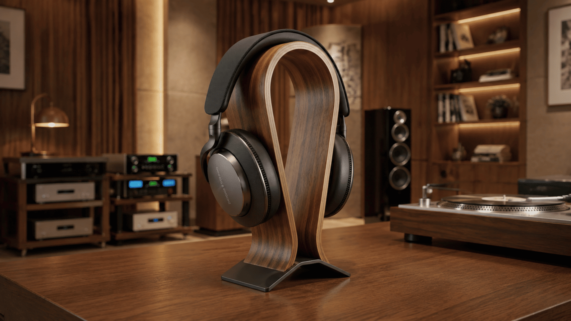 Black over-ear headphones displayed on a wooden stand in a warm audio listening room.