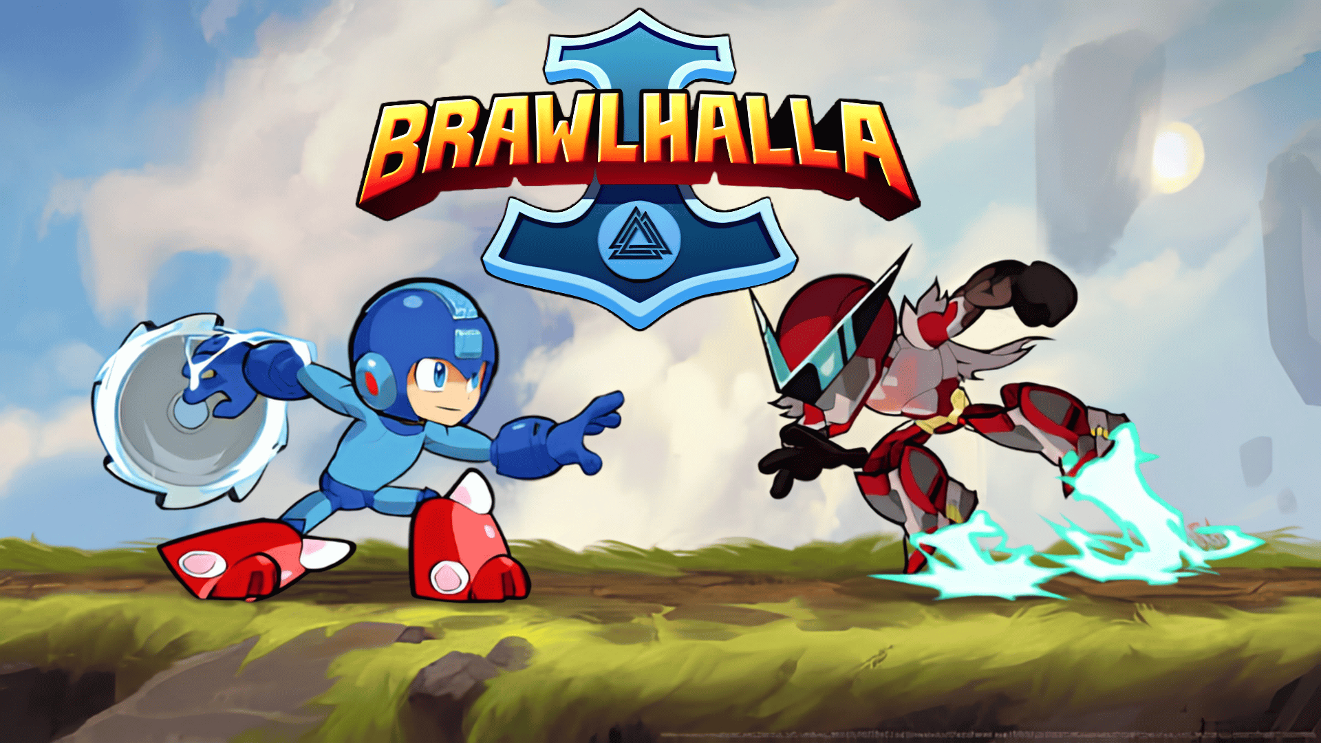 Brawlhalla game artwork featuring two animated characters fighting with the game logo above them.
