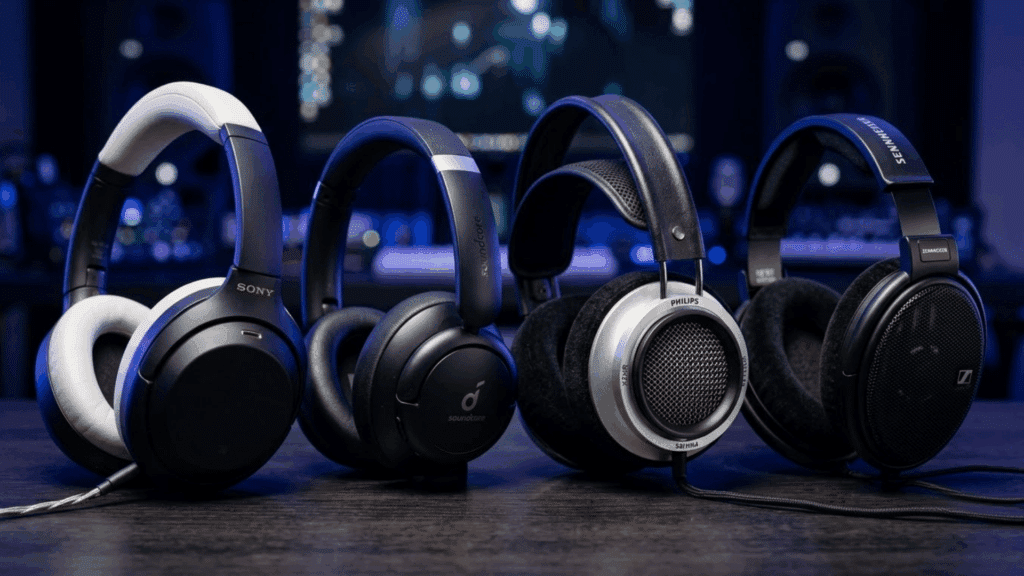 Multiple over-ear headphones arranged on a table in a dark audio setup