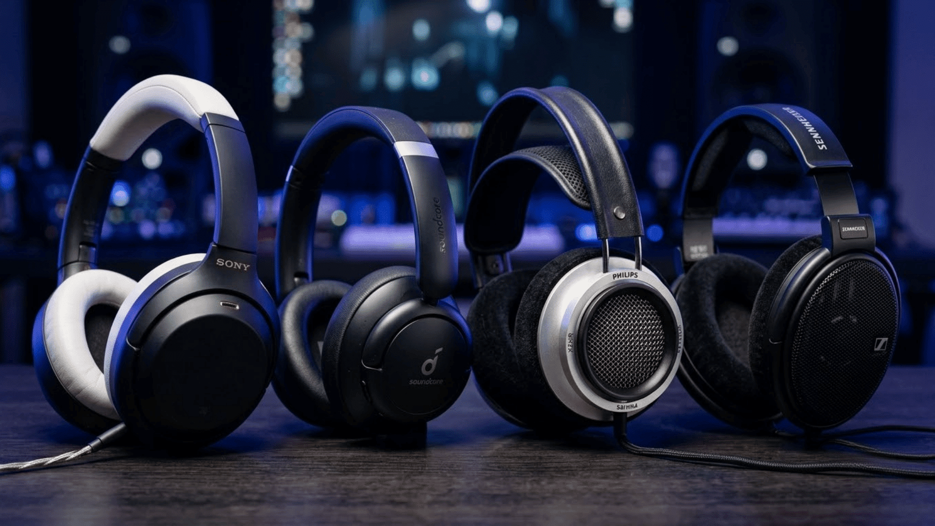 Multiple over-ear headphones arranged on a table in a dark audio setup
