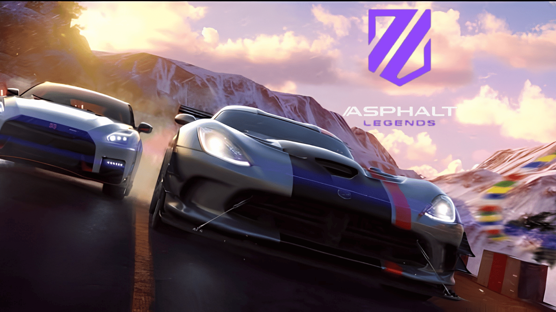 Asphalt Legends racing game artwork featuring sports cars speeding on a mountain track.