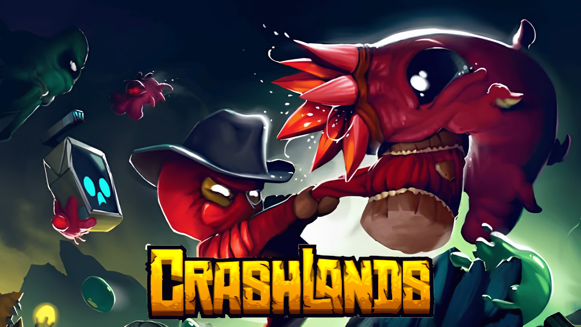 Crashlands game artwork featuring colorful fantasy creatures, characters, and the game logo.