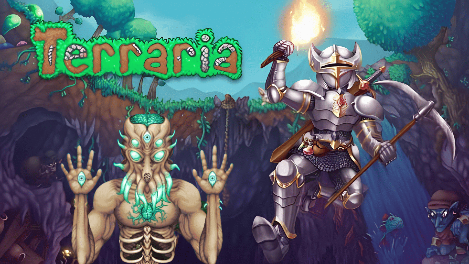 Terraria game artwork featuring armored character, fantasy creature, forest background, and Terraria logo.