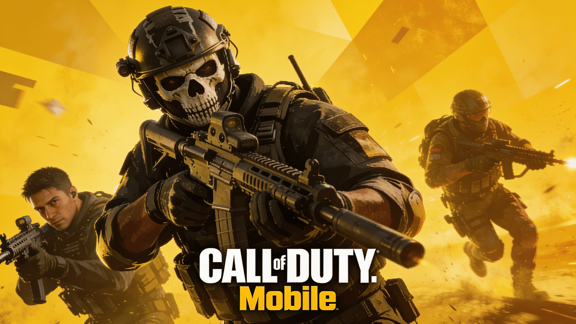 Call of Duty Mobile game artwork featuring armed soldiers and the game logo on a yellow background.