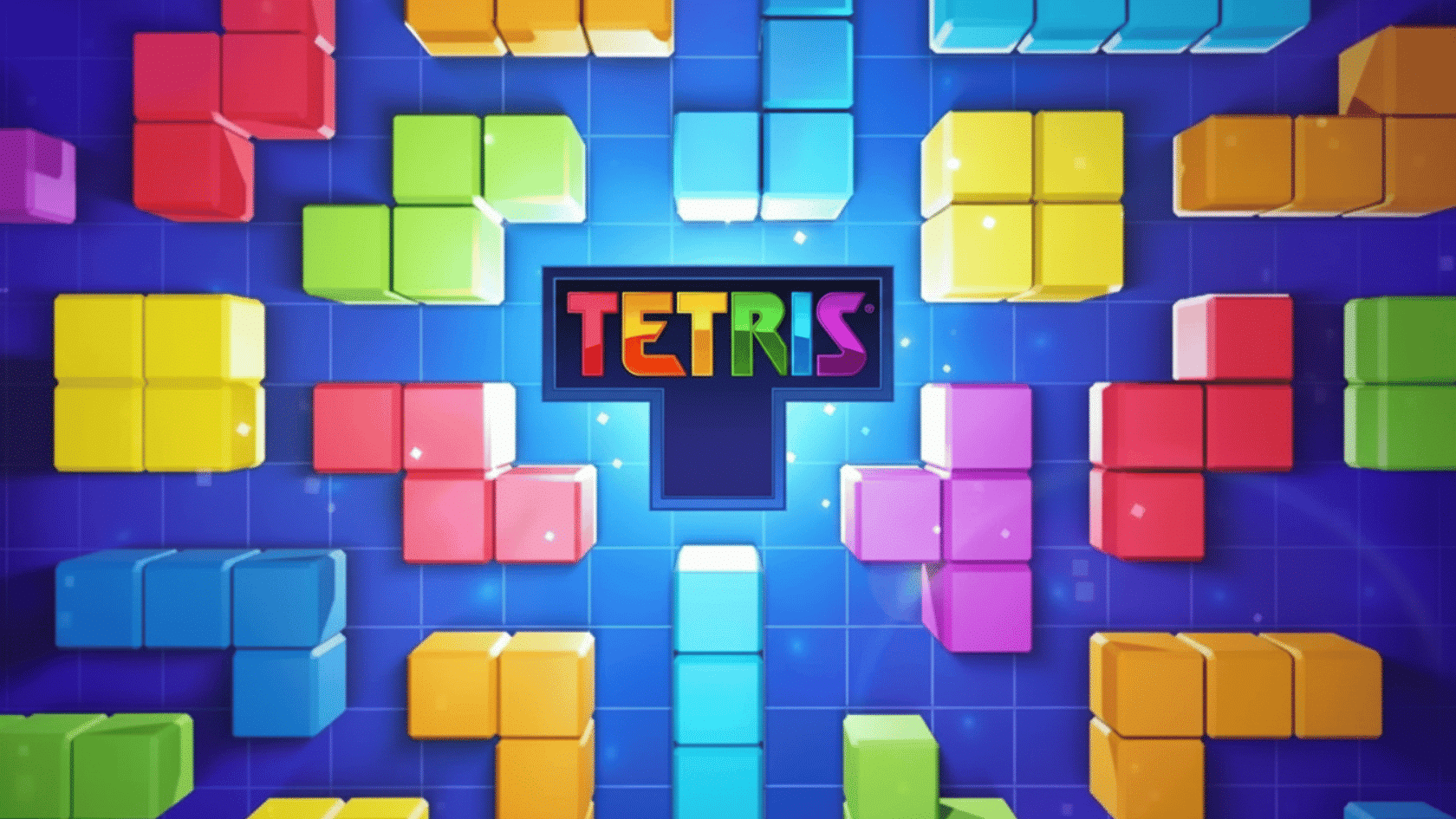 Colorful Tetris blocks arranged around the Tetris logo on a blue grid background, representing classic video game facts.