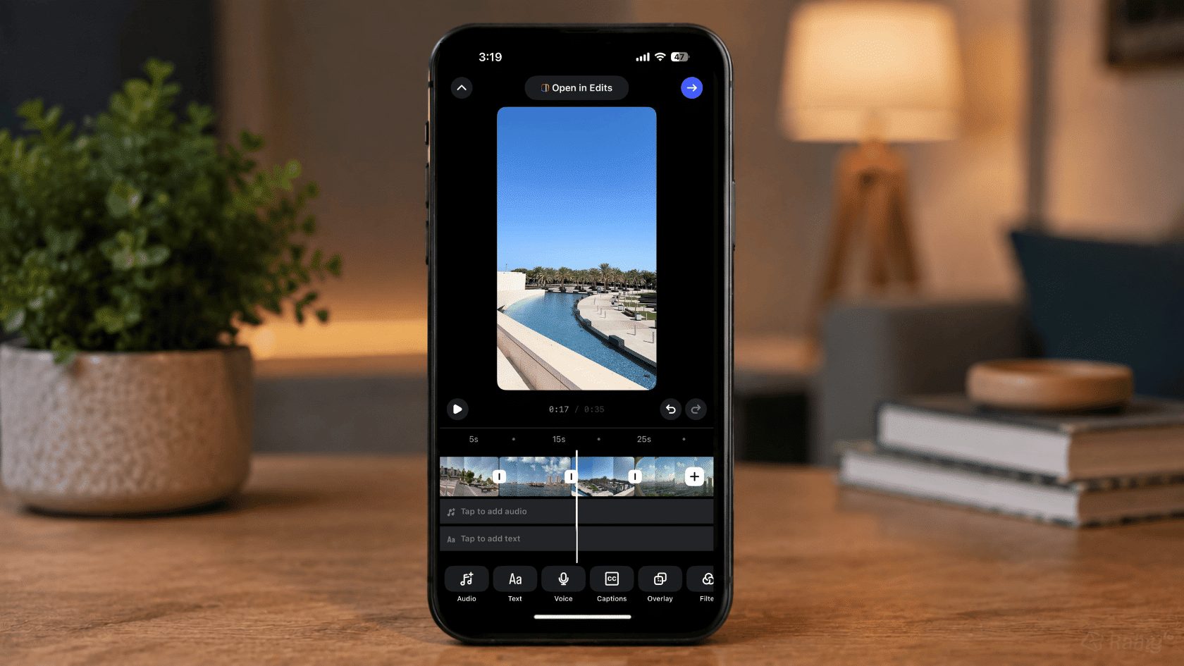 Smartphone showing multiple video clips combined into a single Instagram Reel editing timeline.