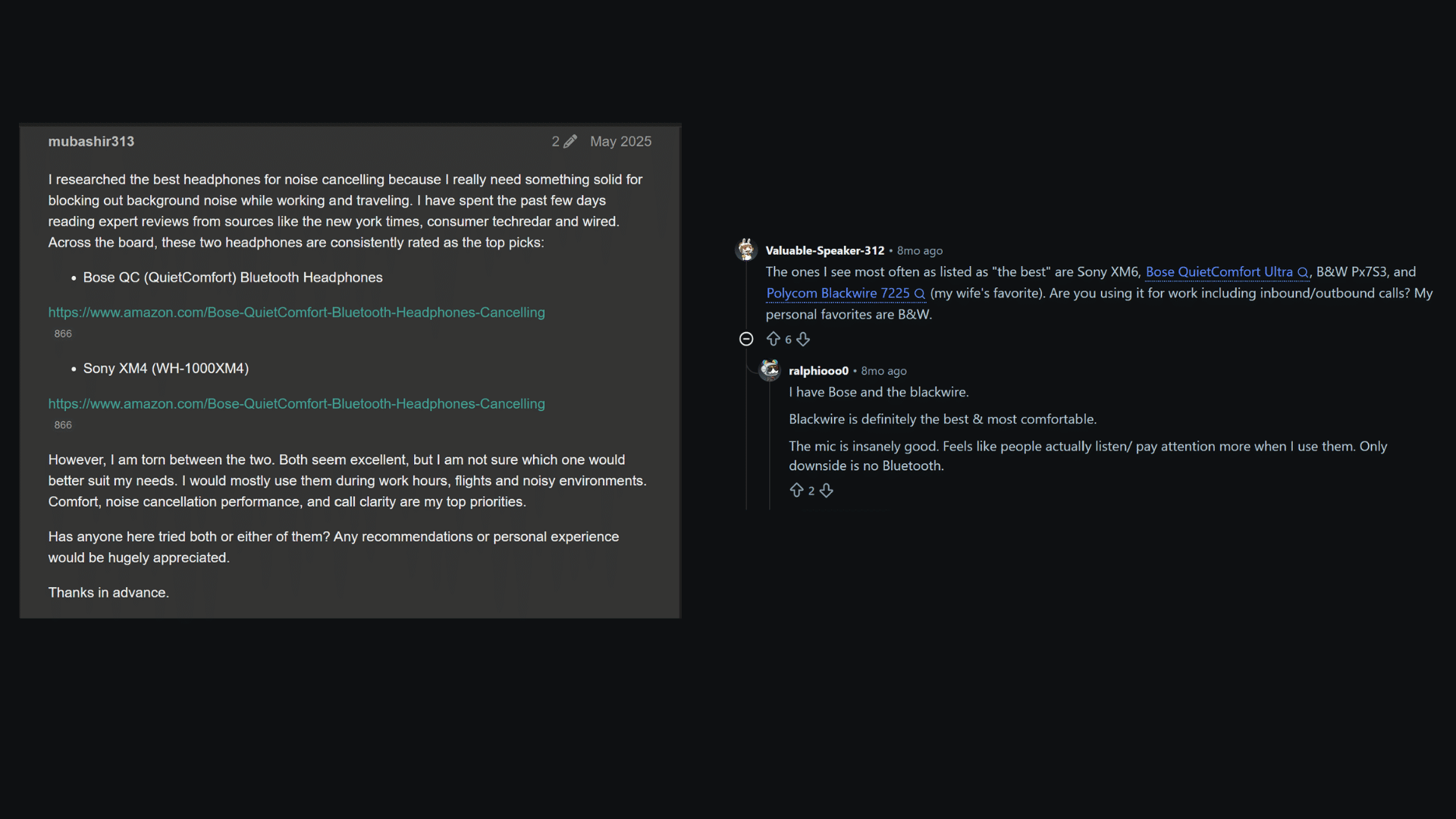 Online community discussion comparing noise-cancelling headphones, including Bose QuietComfort, Sony XM4, B&W Px7S3, and Polycom Blackwire models.