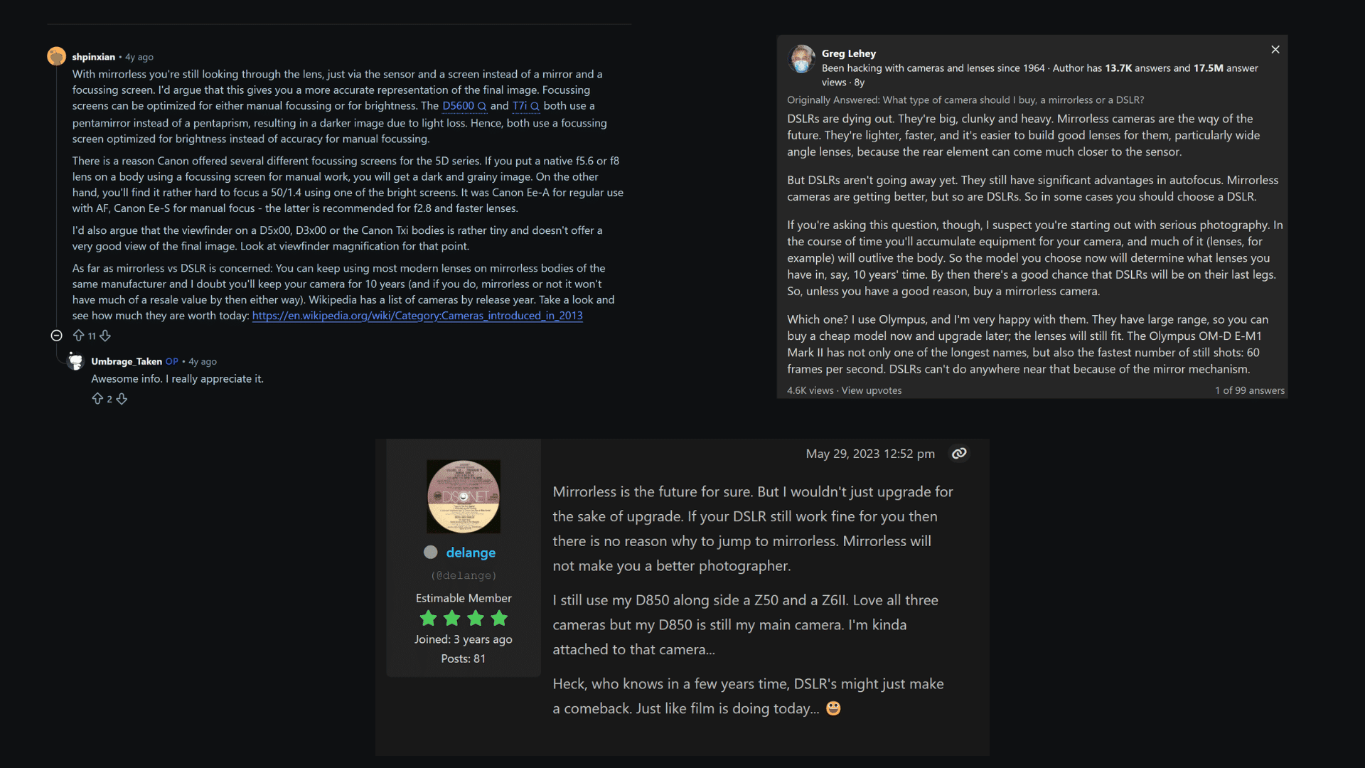 Online forum comments discussing DSLR versus mirrorless cameras, with users sharing opinions on camera performance and upgrading.
