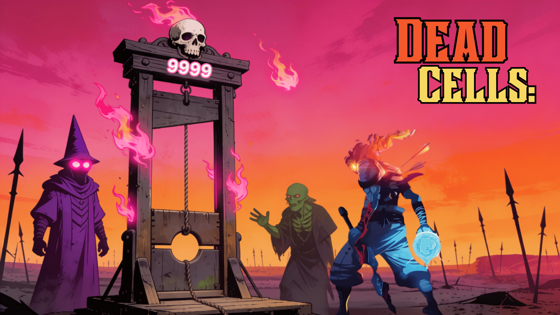 Dead Cells game artwork showing fantasy characters, a glowing weapon, fiery background, and game logo.