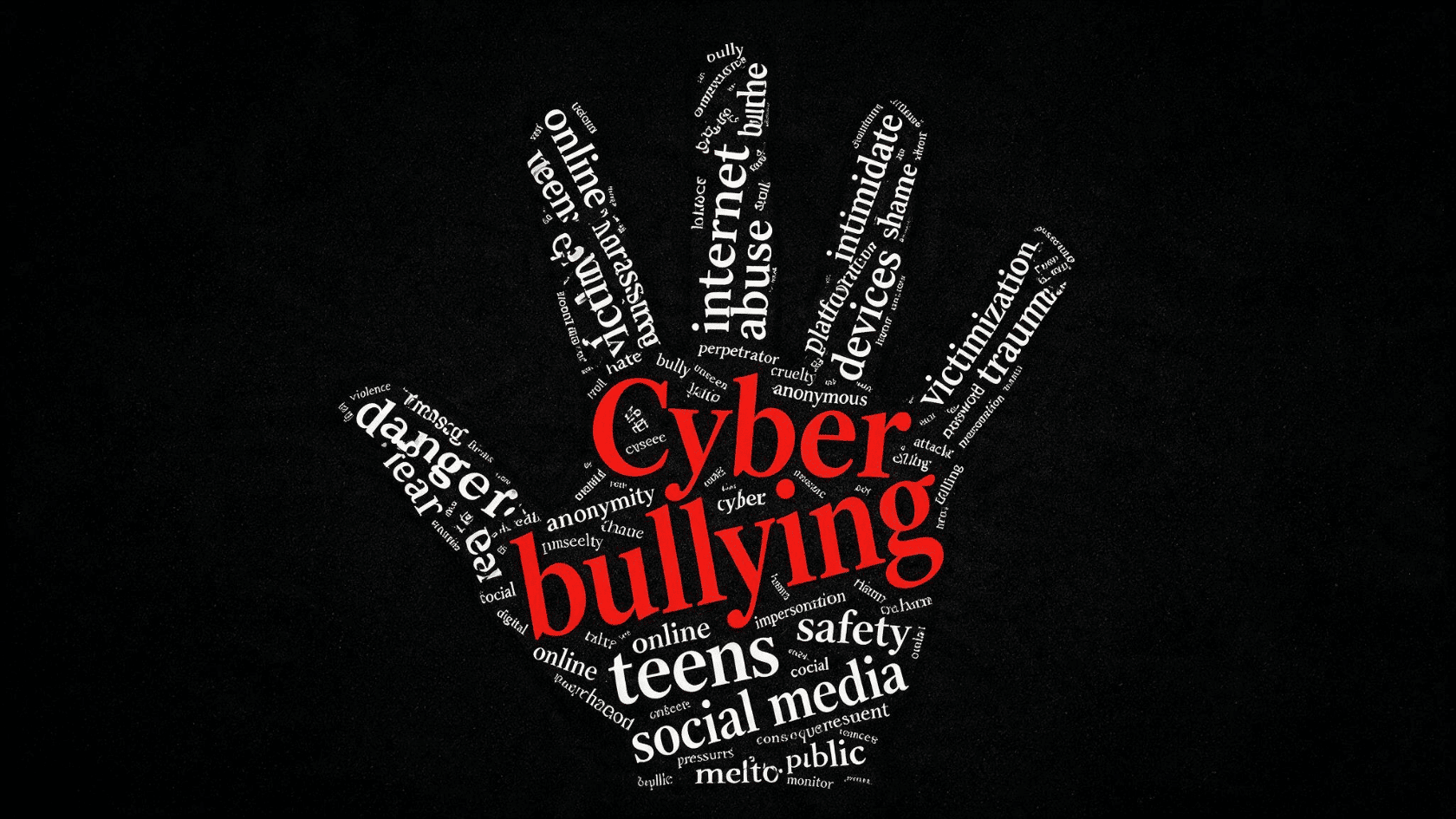 Cyberbullying word cloud with online safety and social media related terms on a black background.
