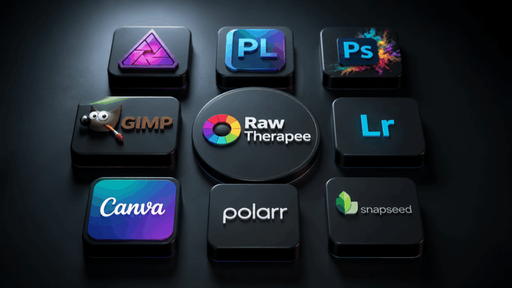 Collection of photo editing software logos including Affinity, Photoshop, Canva, GIMP, Lightroom, Polarr, and Snapseed.
