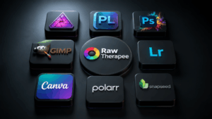 Collection of photo editing software logos including Affinity, Photoshop, Canva, GIMP, Lightroom, Polarr, and Snapseed.