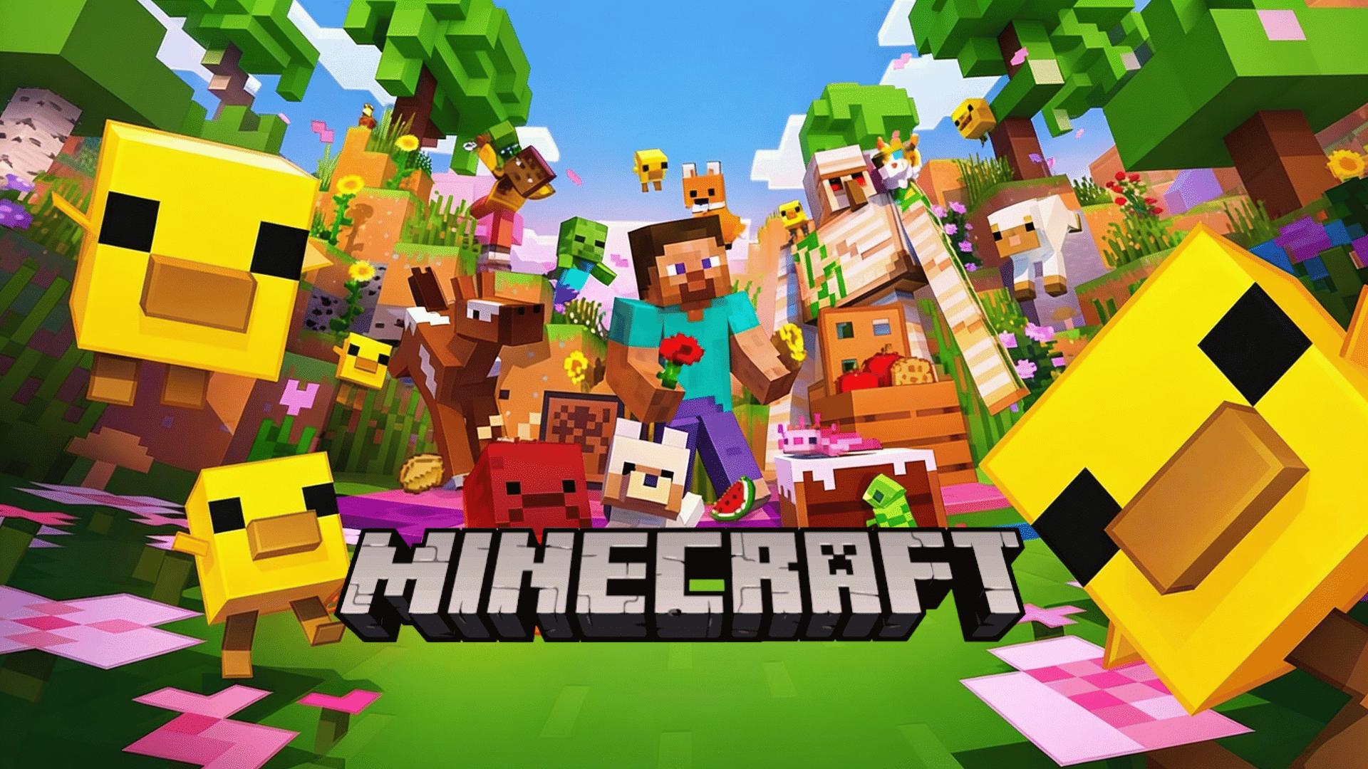 Minecraft game artwork featuring block-style characters, animals, colorful landscape, and Minecraft logo.