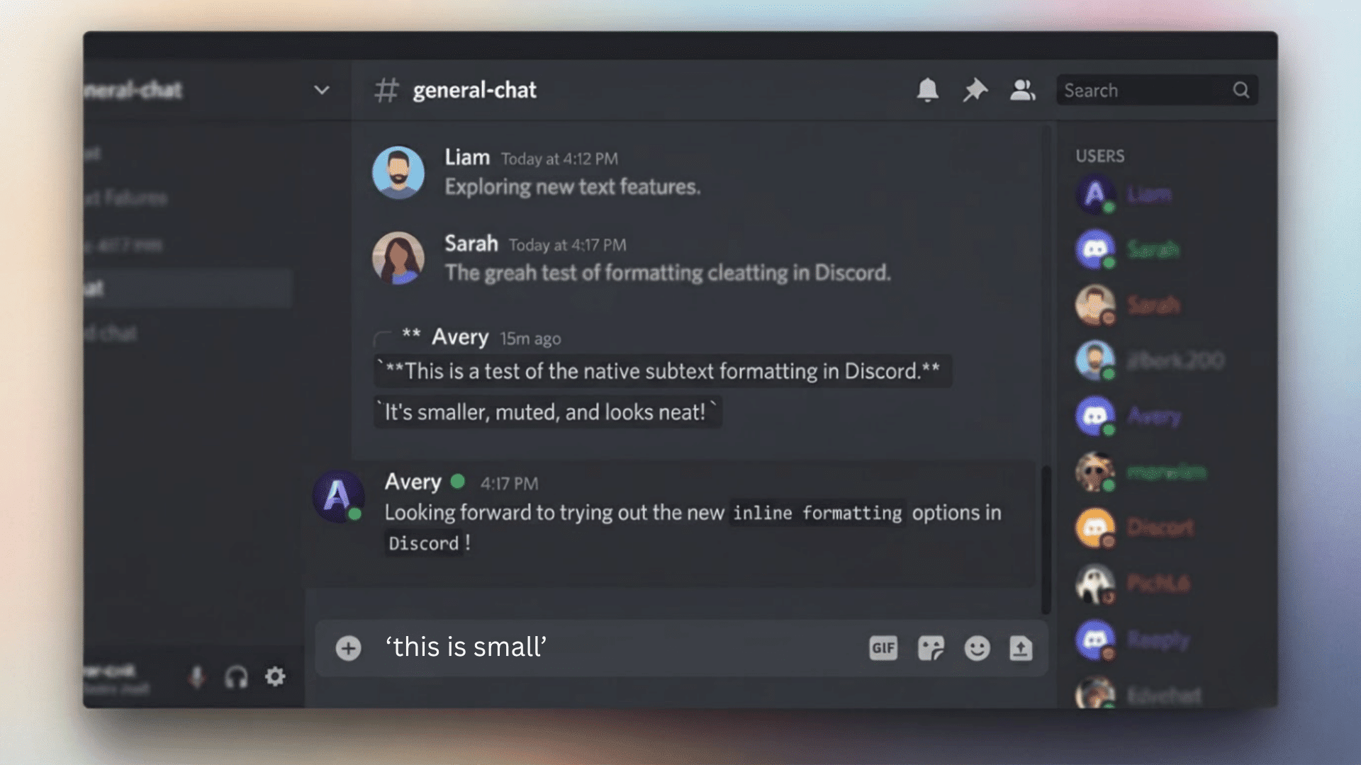 Discord interface showing a chat window with users testing new inline text formatting features and message styling options.
