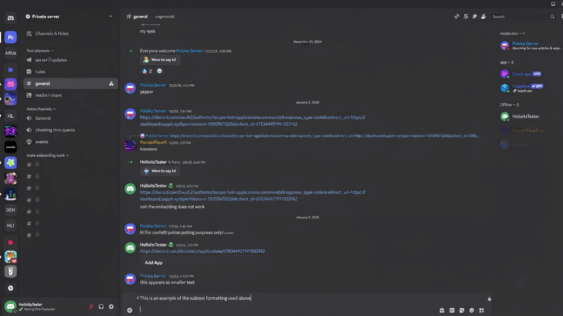 Discord server interface showing general channel with bot authorization links and message formatting examples